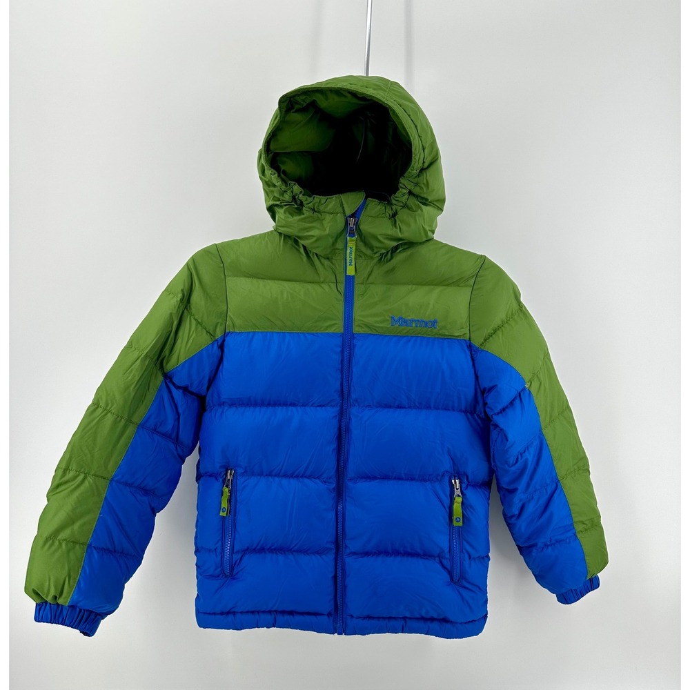 Marmot 700 Fill Down Puffer Jacket Green Blue Colorblock Hooded Kids Medium